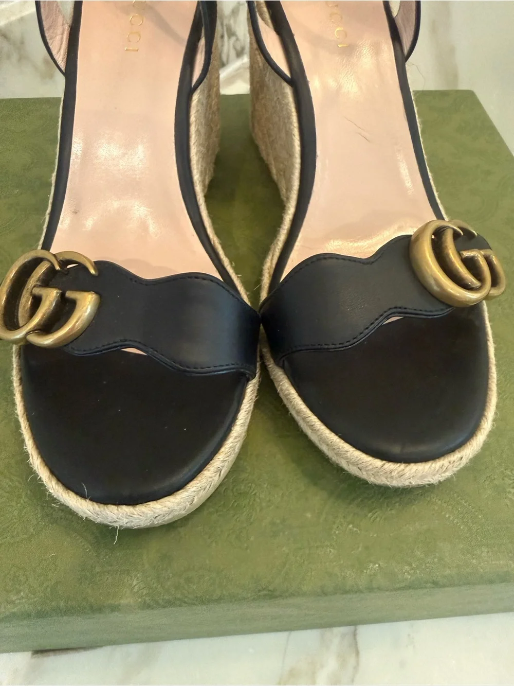 Gucci Black Leather Espadrille Wedge Sandals with Gold Accent